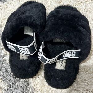 UGG Black Fuzzy Slide Sandals with Branded Elastic Heel